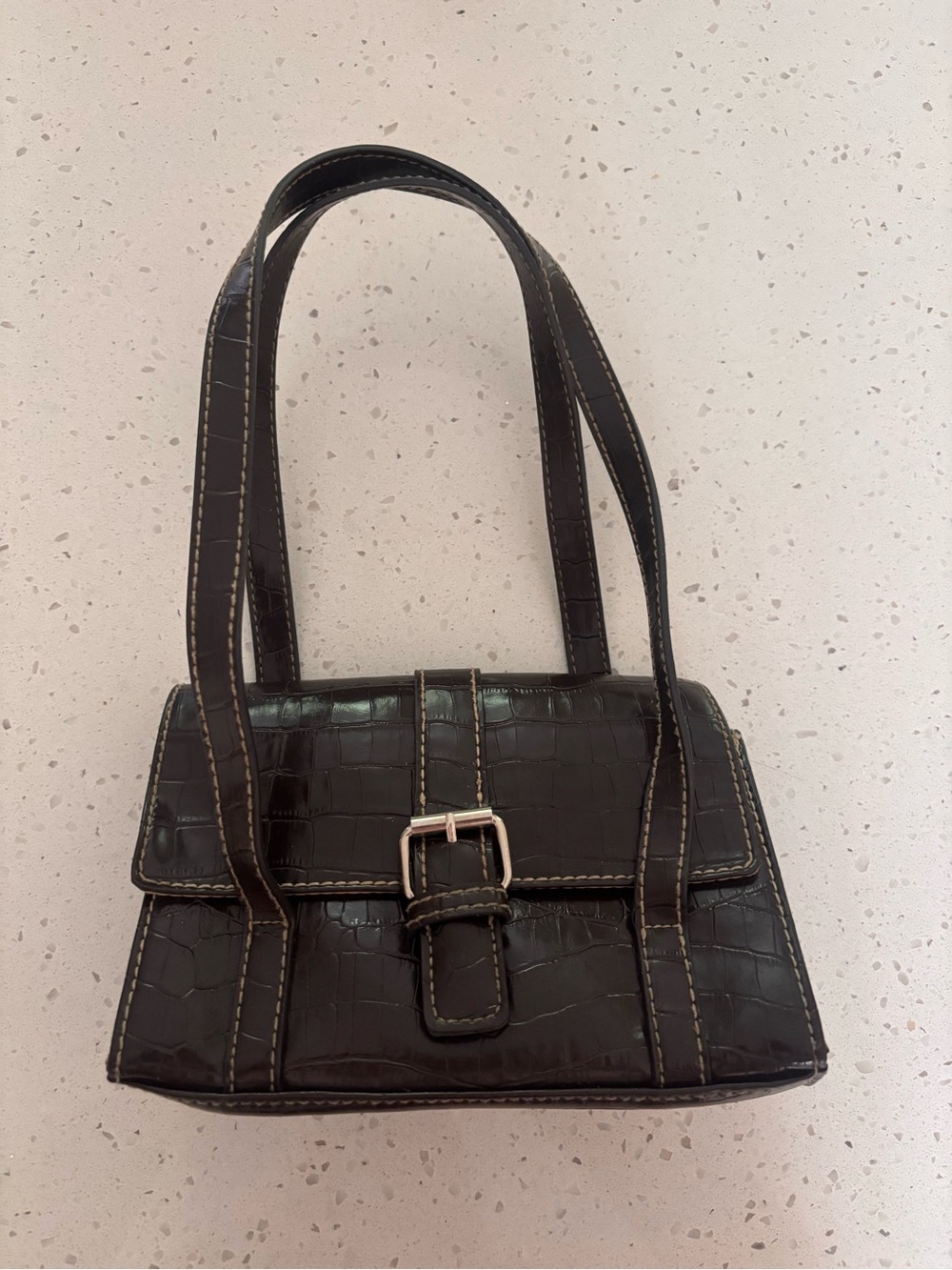 Crazy Horse Classic Croc-Embossed Top-Handle Bag in Dark Black